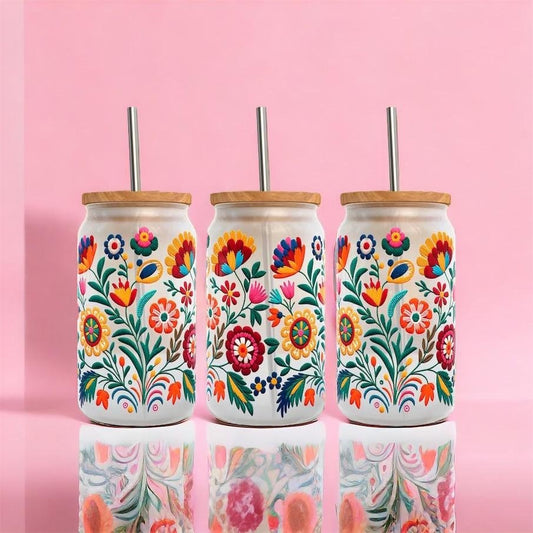 Mexican Flower Frosted glass Cup